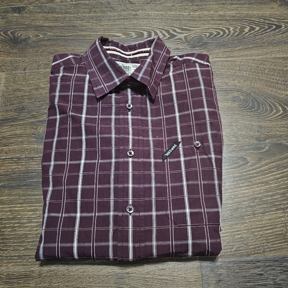 Ecko Unltd Y2K Button Up Shirt M Burgundy Plaid Graphic Short Sleeve Cotton Vtg